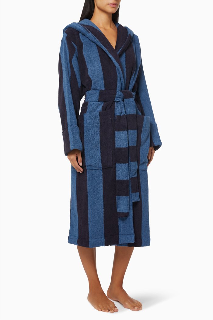 

Striped Hooded Bathrobe in Organic Cotton, Blue