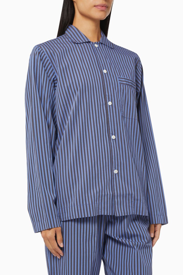 

Verneuil Stripes Poplin Pyjamas Shirt in Organic Cotton, Blue