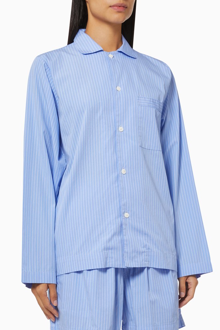 

Pin Stripes Poplin Pyjamas Shirt in Organic Cotton, Blue