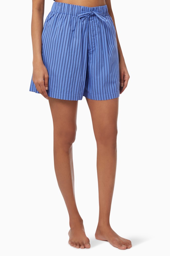 

Boro Stripes Poplin Pyjama Shorts in Organic Cotton, Blue