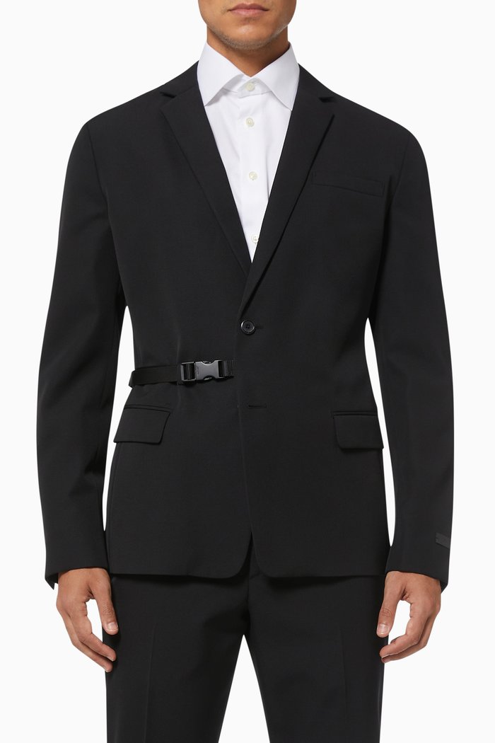 

Buckle Belt Single Breasted Jacket in Wool Gabardine, Black