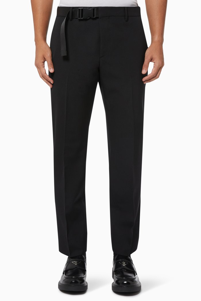 

Buckle Belt Trousers in Wool Gabardine, Black