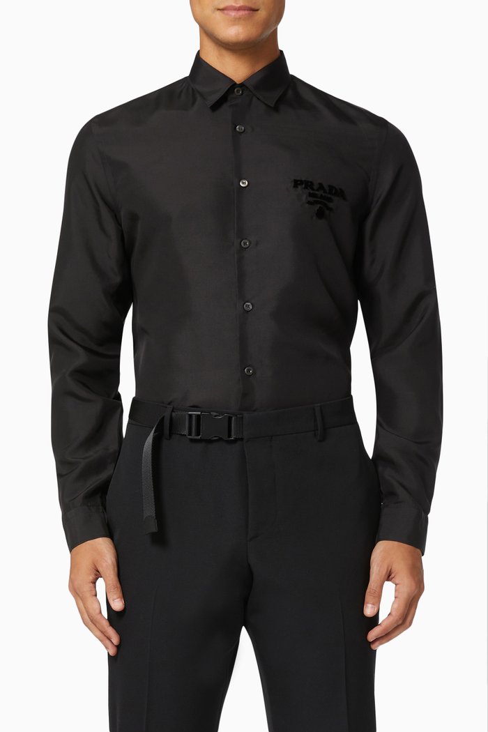 

Embroidered Logo Shirt in Silk, Black