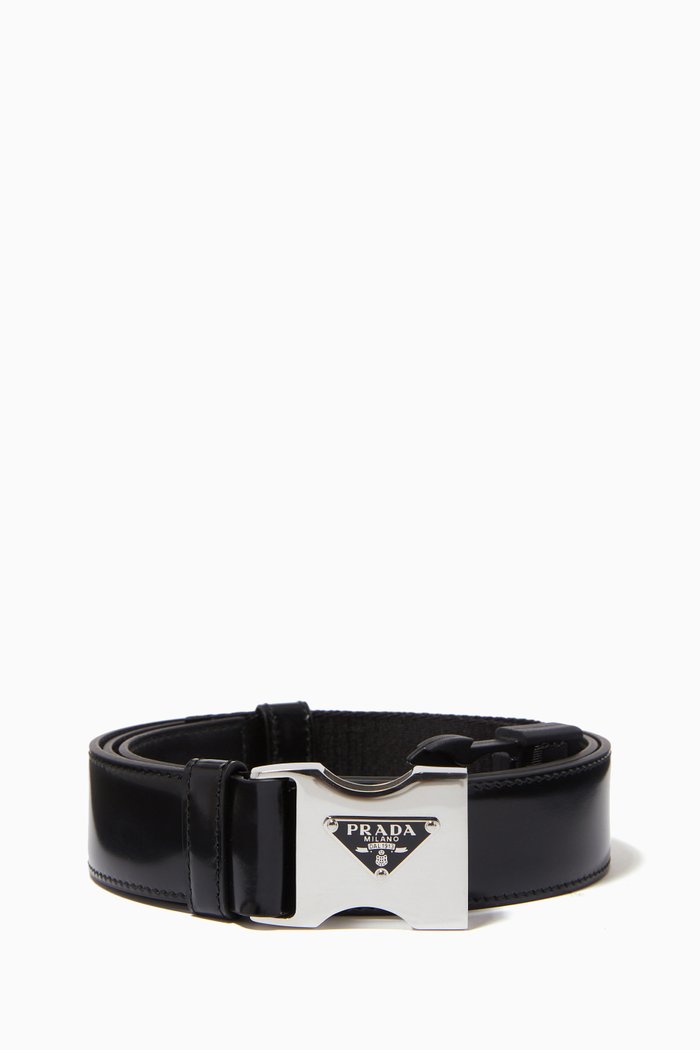 Triangle Logo Clip Belt in Calfskin Leather, Black
