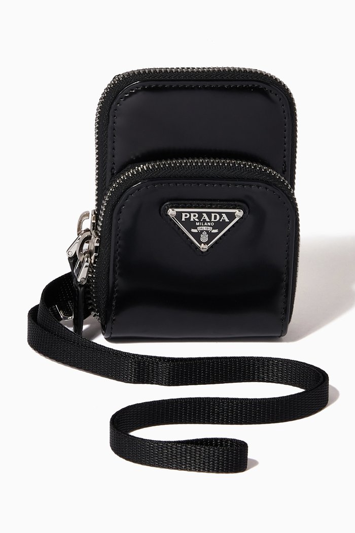 

Triangle Logo Neck Pouch in Brushed Leather, Black