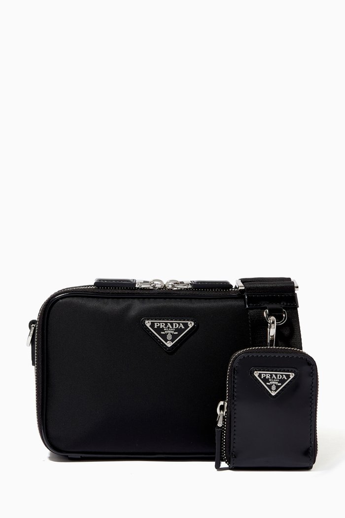 

Triangle Logo Crossbody Bag in Re-Nylon & Leather, Black