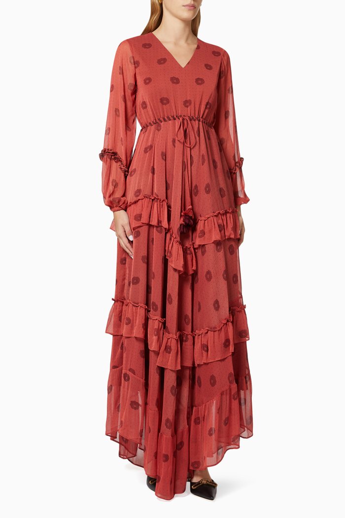 

Asymmetric Drawstring Dress in Organza, Red