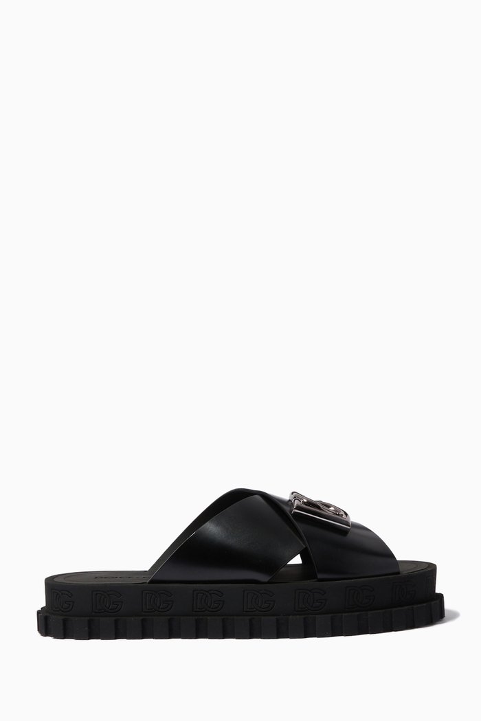 

Maxi Logo Strap Slides in Brushed Calfskin, Black