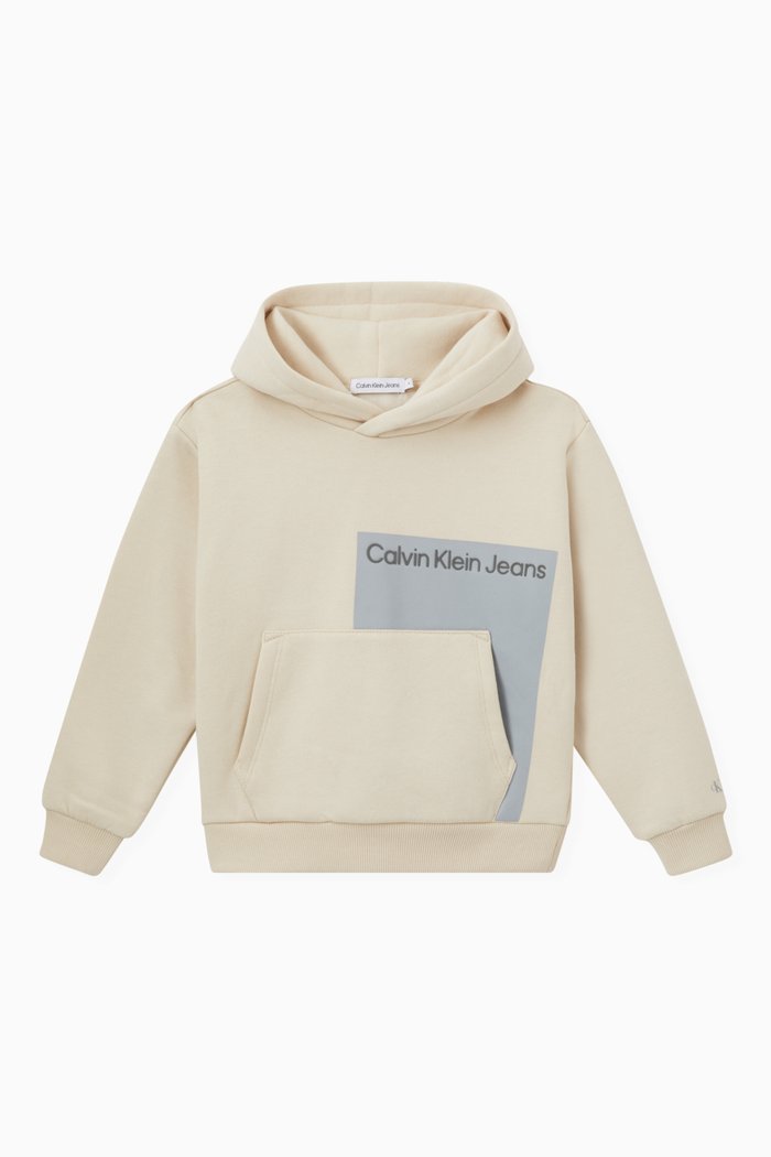Colour-block Logo Hoodie in Cotton Fleece, Neutral