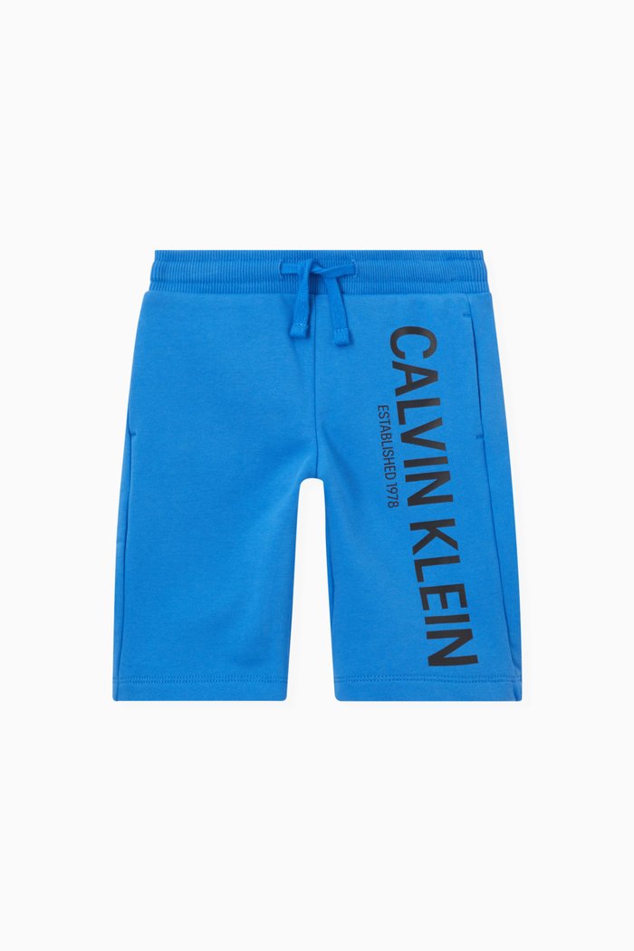 

Side Logo Print Jogger Shorts in Cotton Fleece, Blue