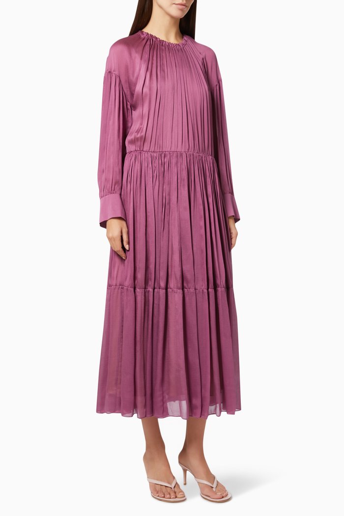 

Shirred Neck Dress in Pleated Silk, Pink
