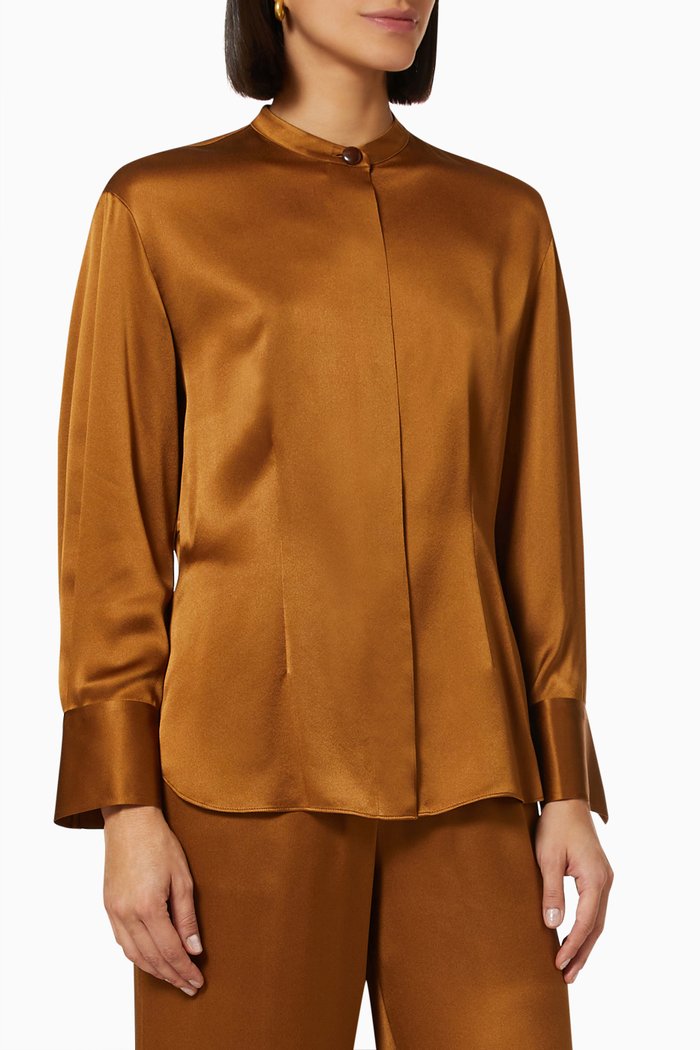 

Shaped Long Sleeve Band Collar Blouse in Silk Satin, Brown