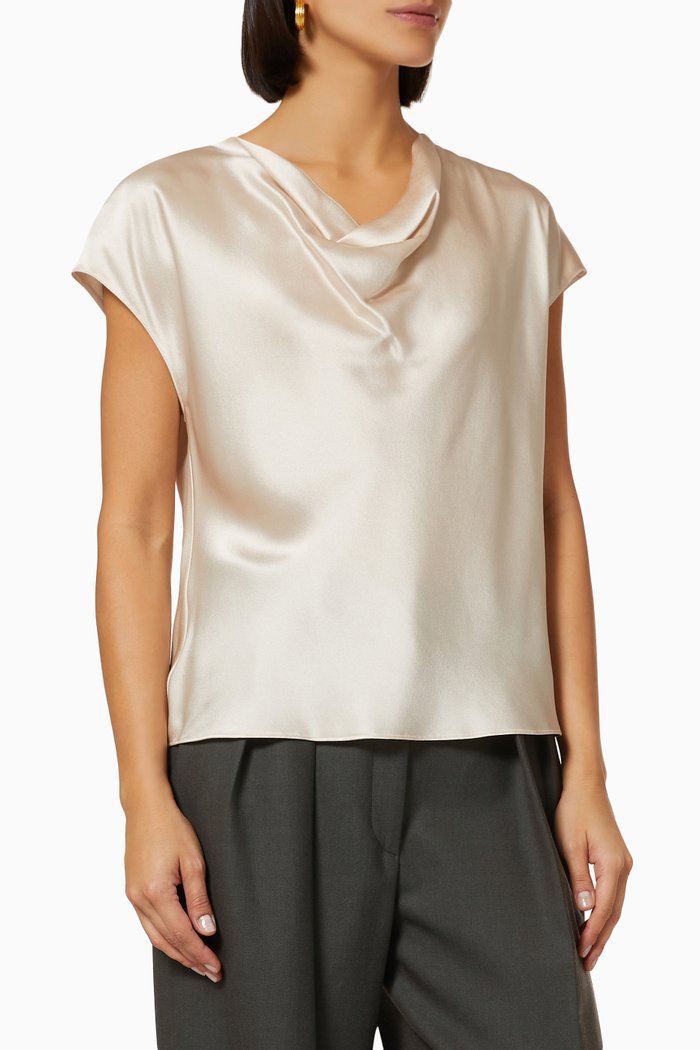 Cowl Neck Cap Sleeve Blouse in Knockout Silk, Neutral