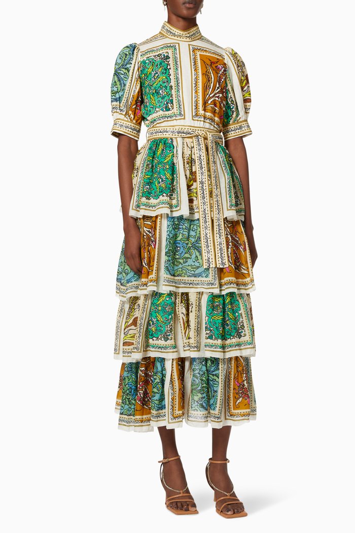 Delphine Tiered Dress in Linen, Multicolour