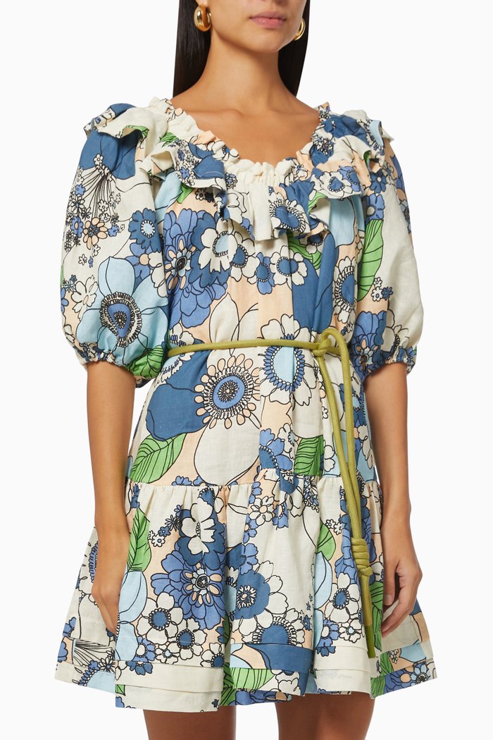 Farrah Ruffle Mini Dress in Linen, Blue