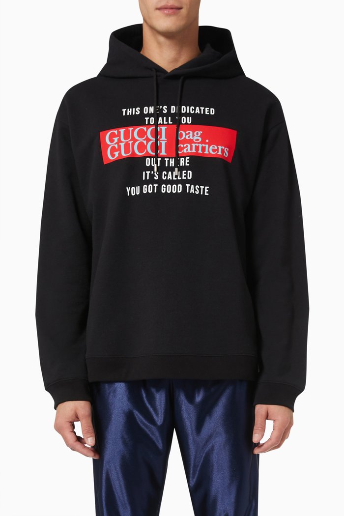

'You Got Good Taste' Print Hooded Sweatshirt in Cotton Jersey, Black