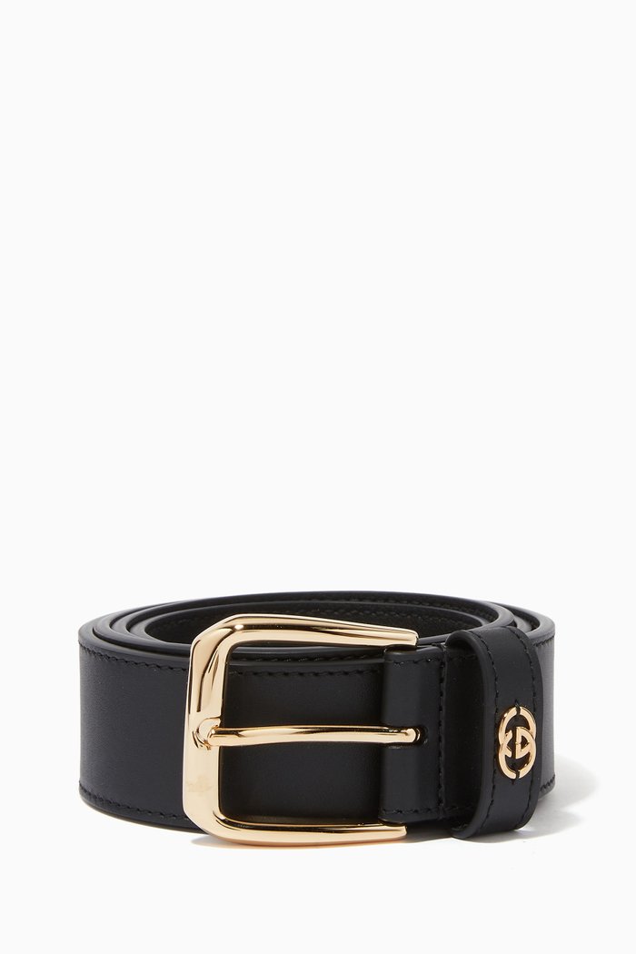 

Square Buckle Belt with Interlocking G in Leather, Black