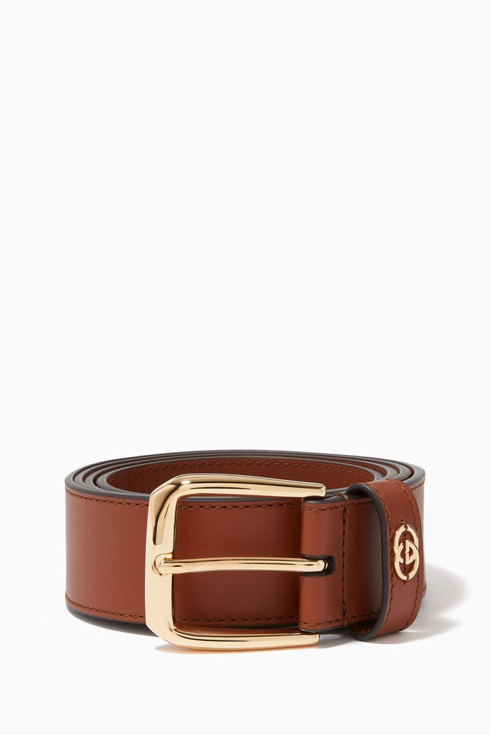 

Square Buckle Belt with Interlocking G in Leather, Brown