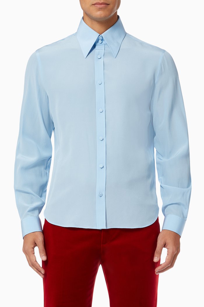 Formal Shirt in Silk Crêpe de Chine, Blue