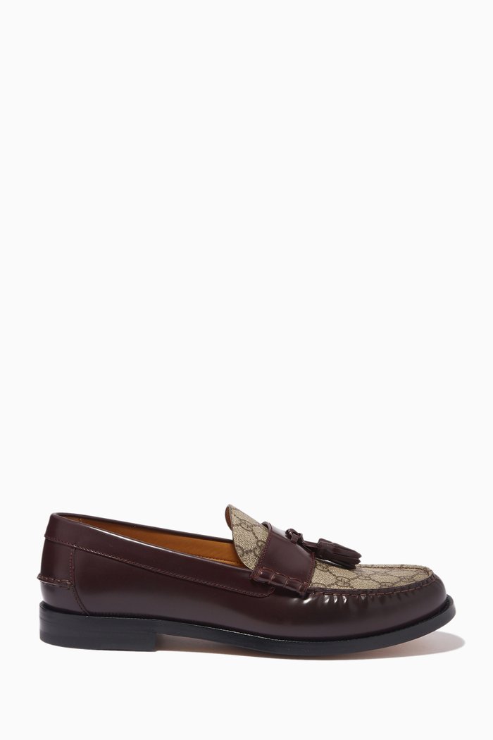 

Tassel Loafers in Leather & GG Supreme Canvas, Brown