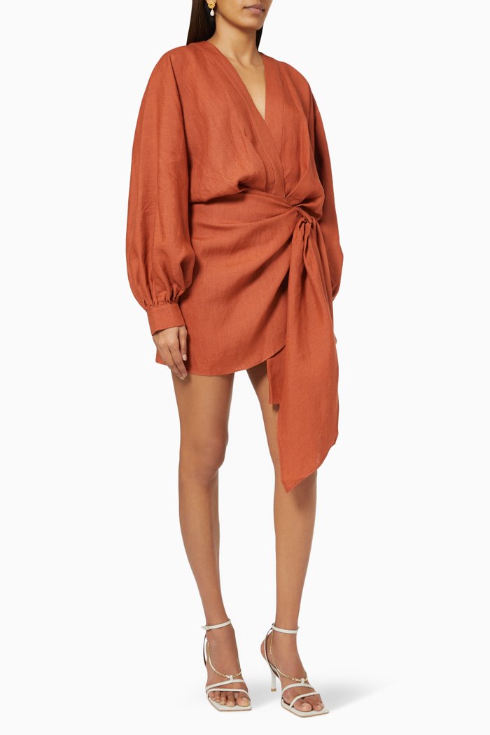 

Peony Tie Up Dress in Linen, Orange