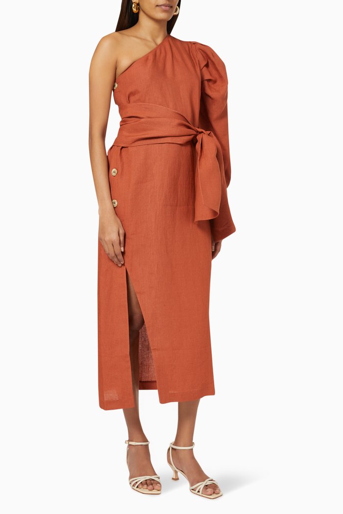 

Rhea One Shoulder Dress in Linen, Orange