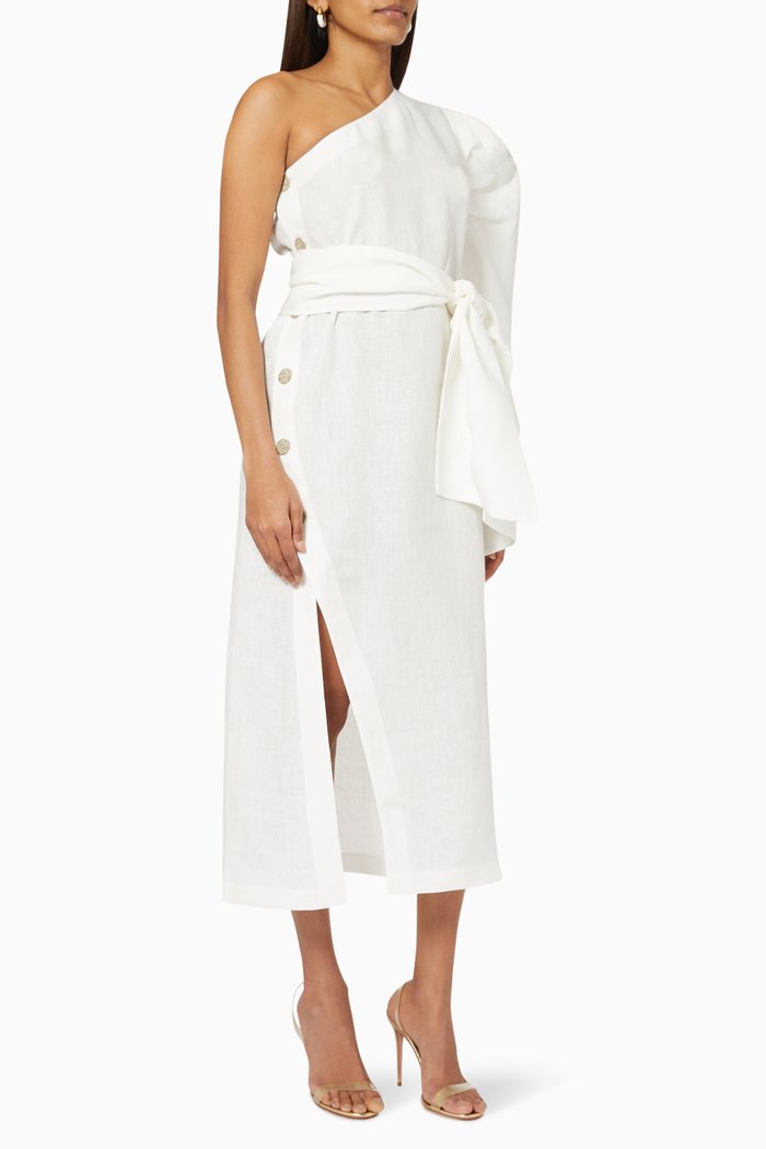 

Rhea One Shoulder Dress in Linen, White