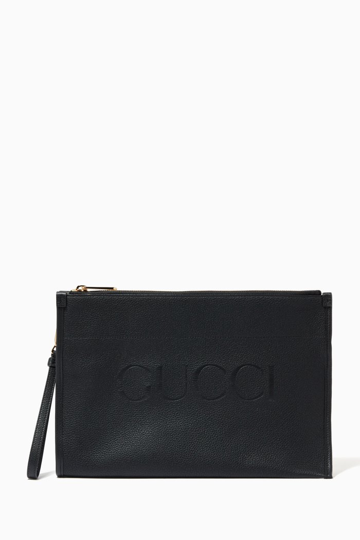 

Medium Zip Pouch in Embossed Leather, Black