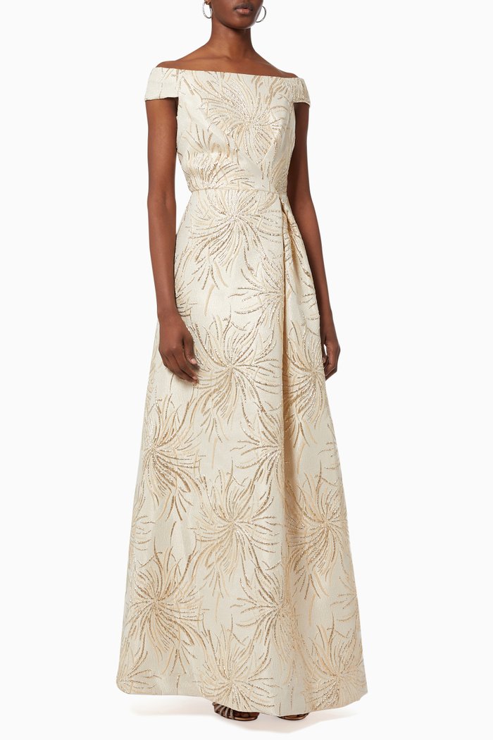 

Off Shoulder Gown in Metallic Jacquard, Gold