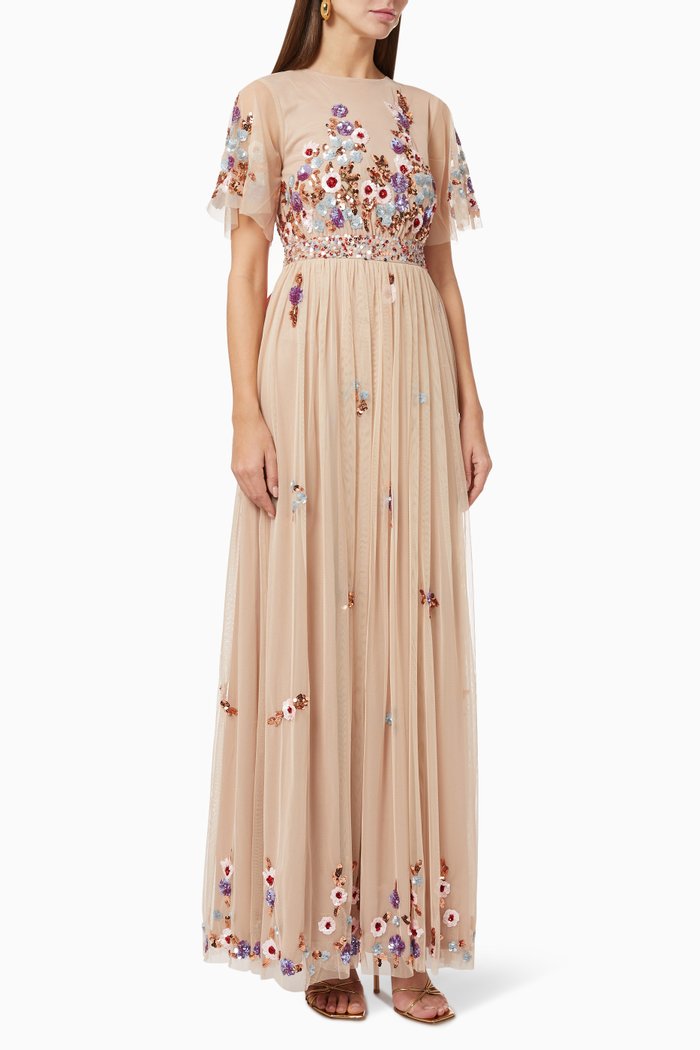 

Ahava Embellished Maxi Dress in Mesh, Pink