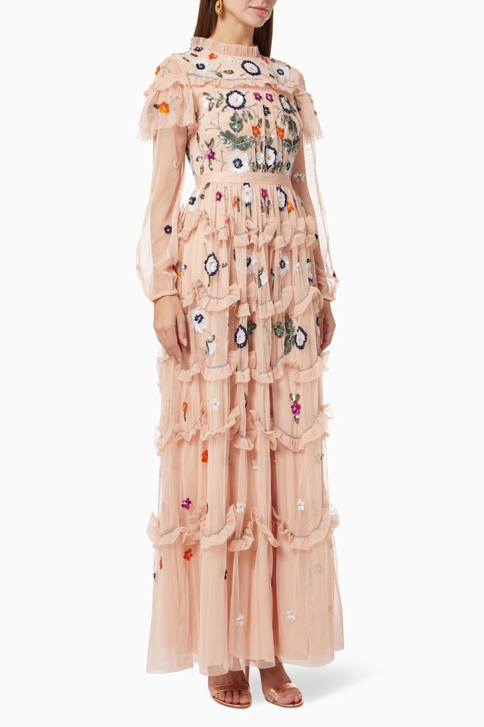 

Cherelle Embellished Maxi Dress in Mesh, Pink