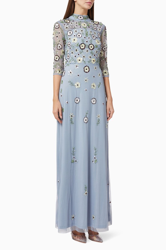 

Dariela Embellished Maxi Dress in Mesh, Blue