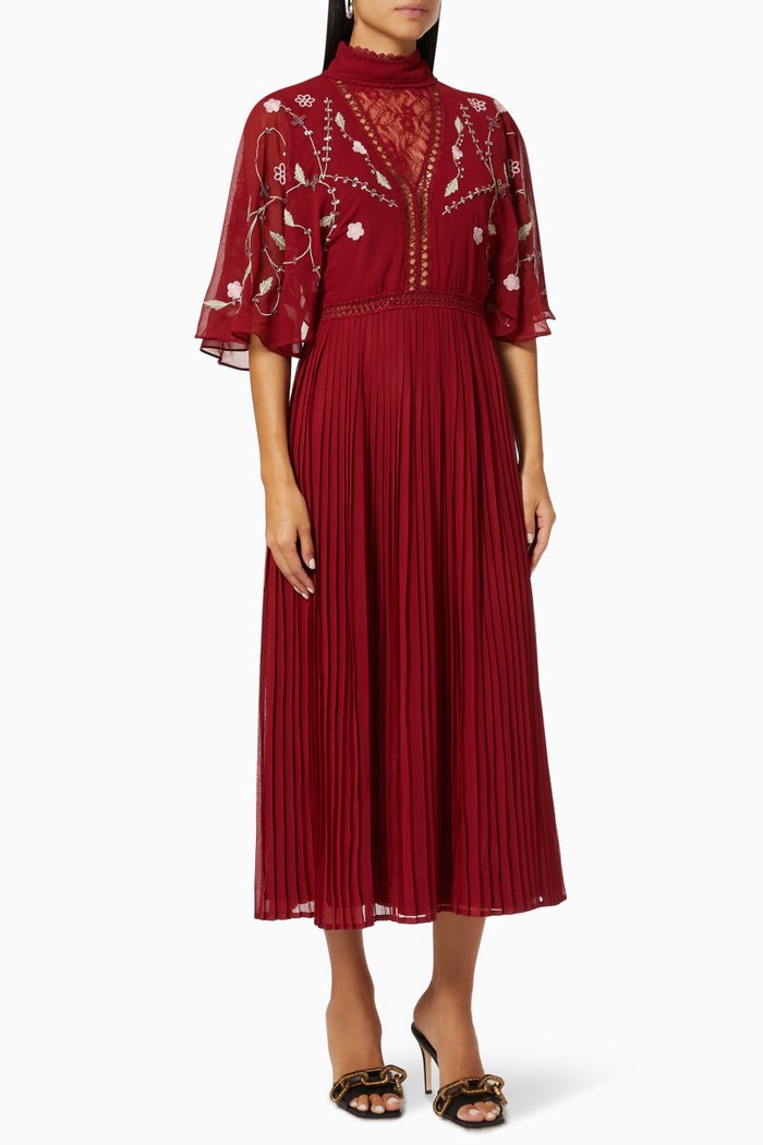 

Esme Embroidered Midi Dress in Mesh, Red
