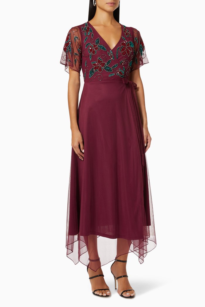 

Imogen Embellished Midi Wrap Dress in Mesh, Burgundy