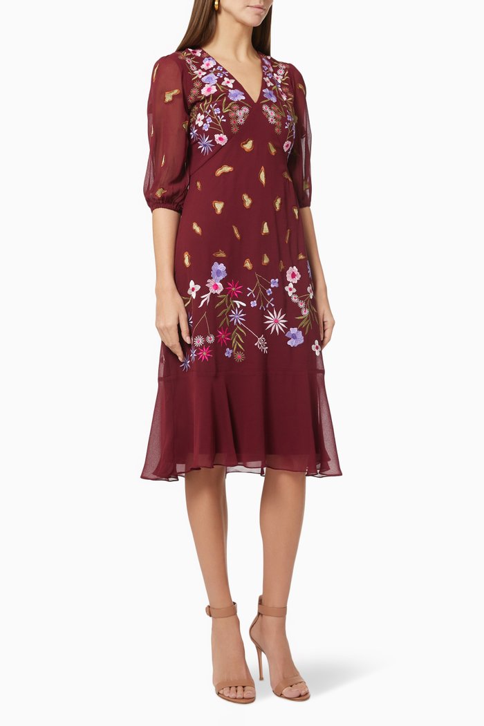 

Kalila Embroidered Midi Dress, Burgundy