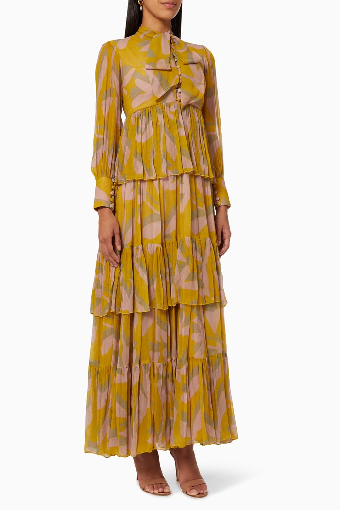 

Floral Tiered Dress in Chiffon, Yellow