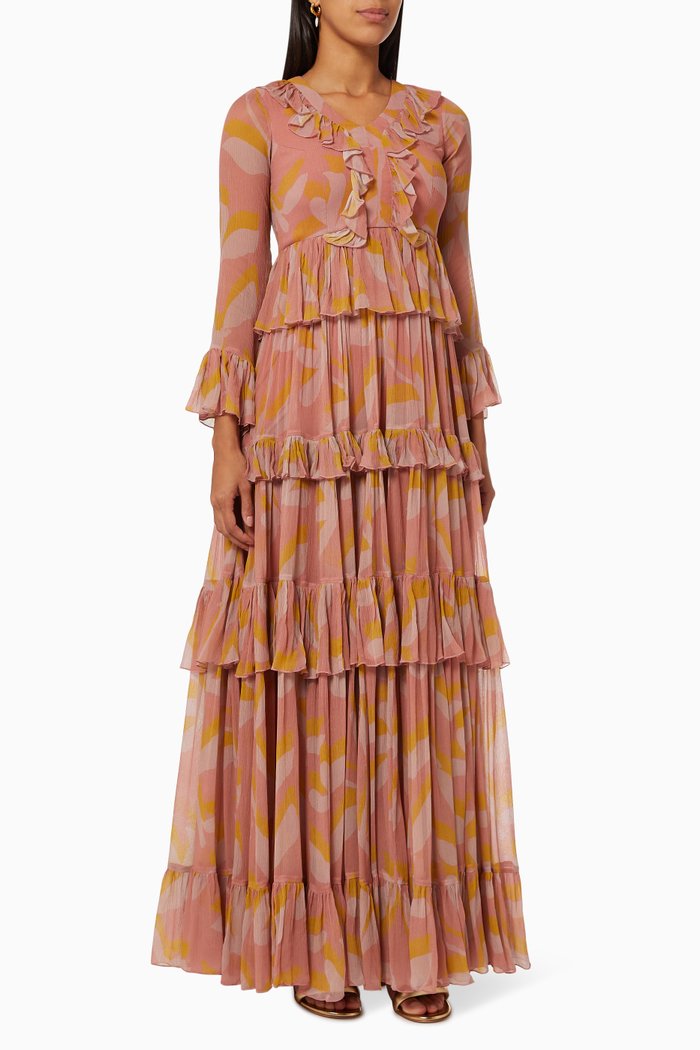 

Floral Tiered Dress in Chiffon, Pink