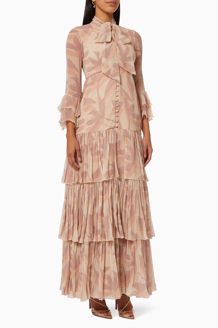 

Floral Tiered Dress in Chiffon, Pink