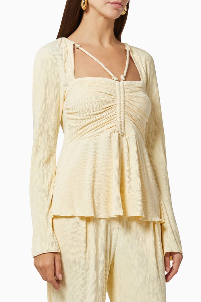 

Alanna Plissé Peplum Top in Faux Suede, Neutral