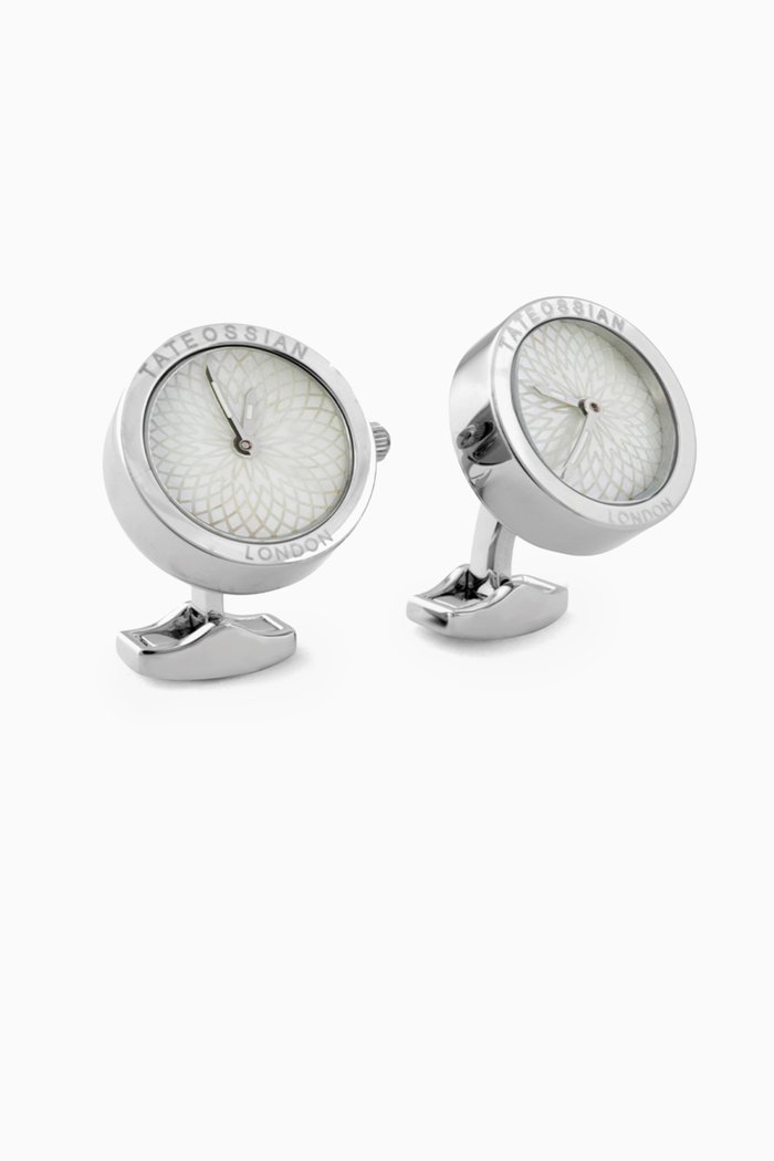 

Guilloche Watch Cufflinks with White Mother of Pearl in Stainless Steel, Silver