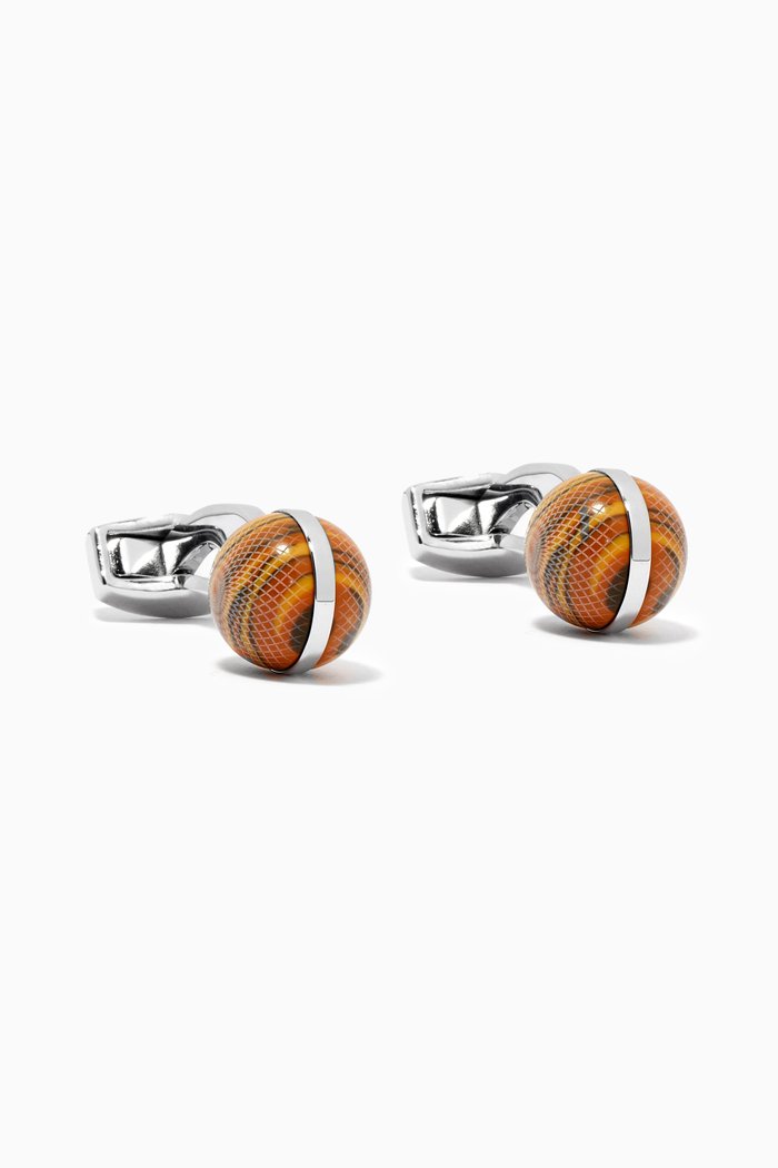 

Guilloche Sphere Cufflinks in Rhodium-plated & Tiger Eye, Brown