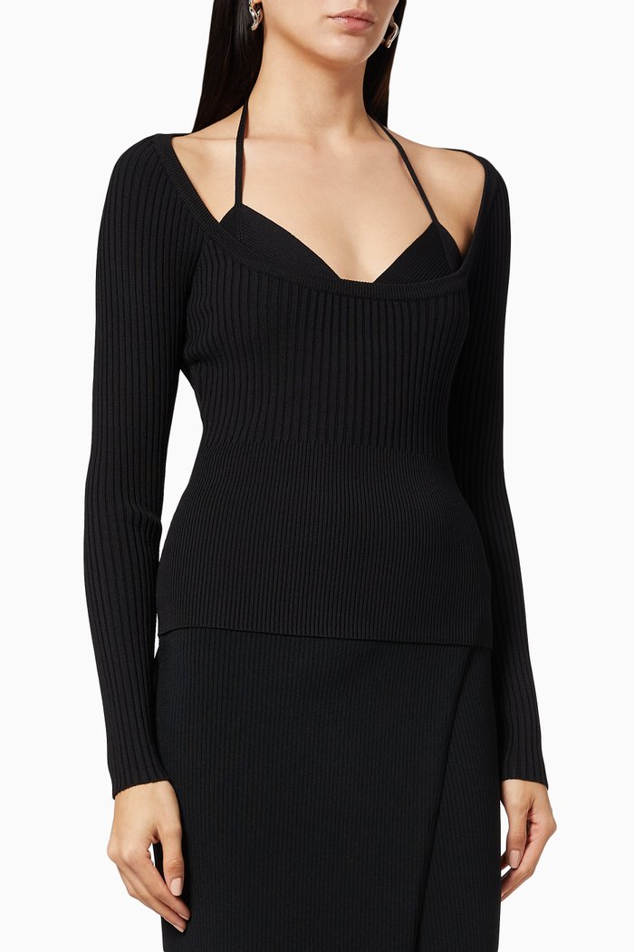 

Jayline Compact Pullover & Halterneck Bra Set in Rib Knit, Black