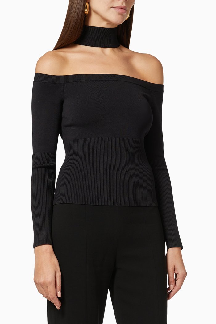 

Lila Cold Shoulder Sweater in Rib Knit, Black