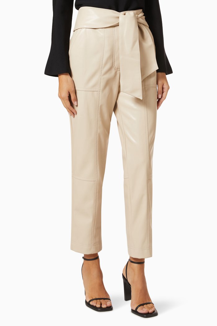 

Tessa Tie Waist Pants in Vegan Leather, Neutral