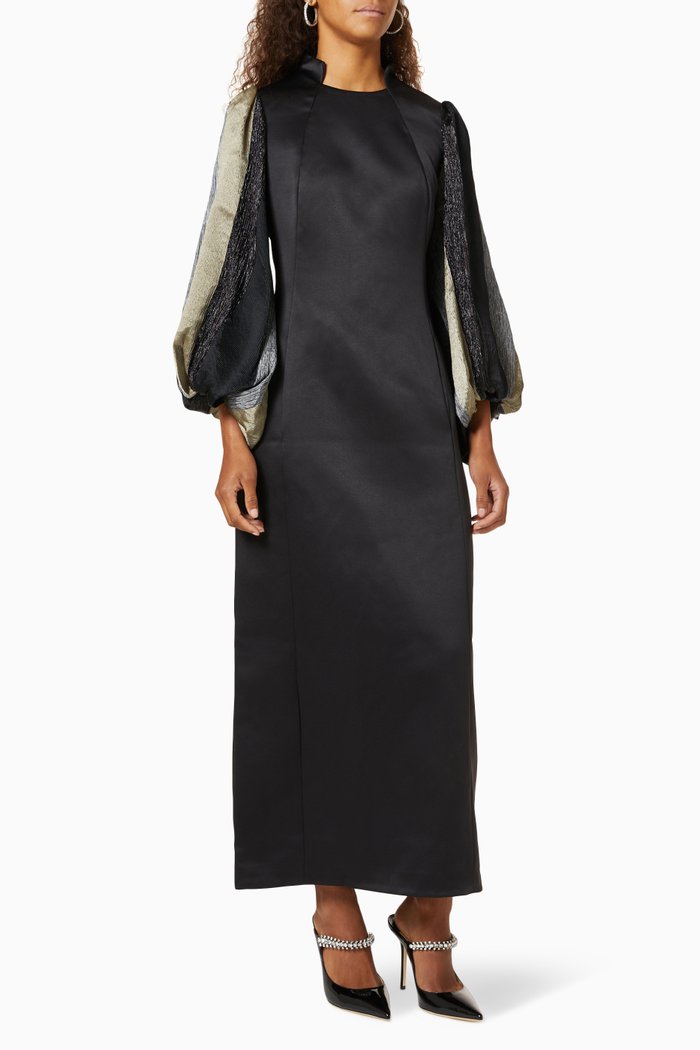 Balloon Sleeve Dress in Satin, Black