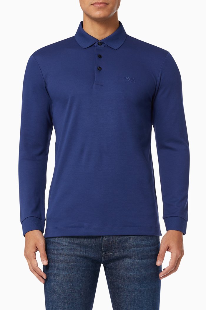 

Long Sleeve Polo Shirt in Cotton, Blue