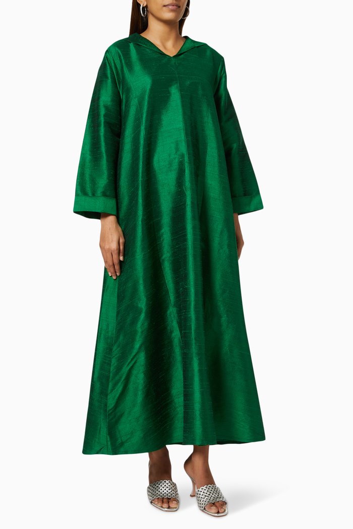 

Palm Tree Embroidered Hooded Dress in Taffeta, Green