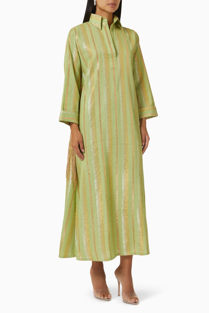 

Striped Fringe-trimmed Dress in Silk, Green