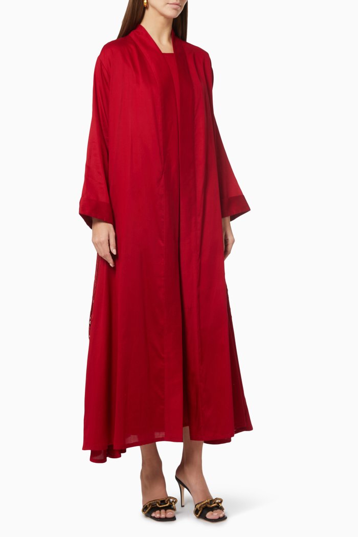 

Fringed Abaya & Dress Set in Cotton, Burgundy