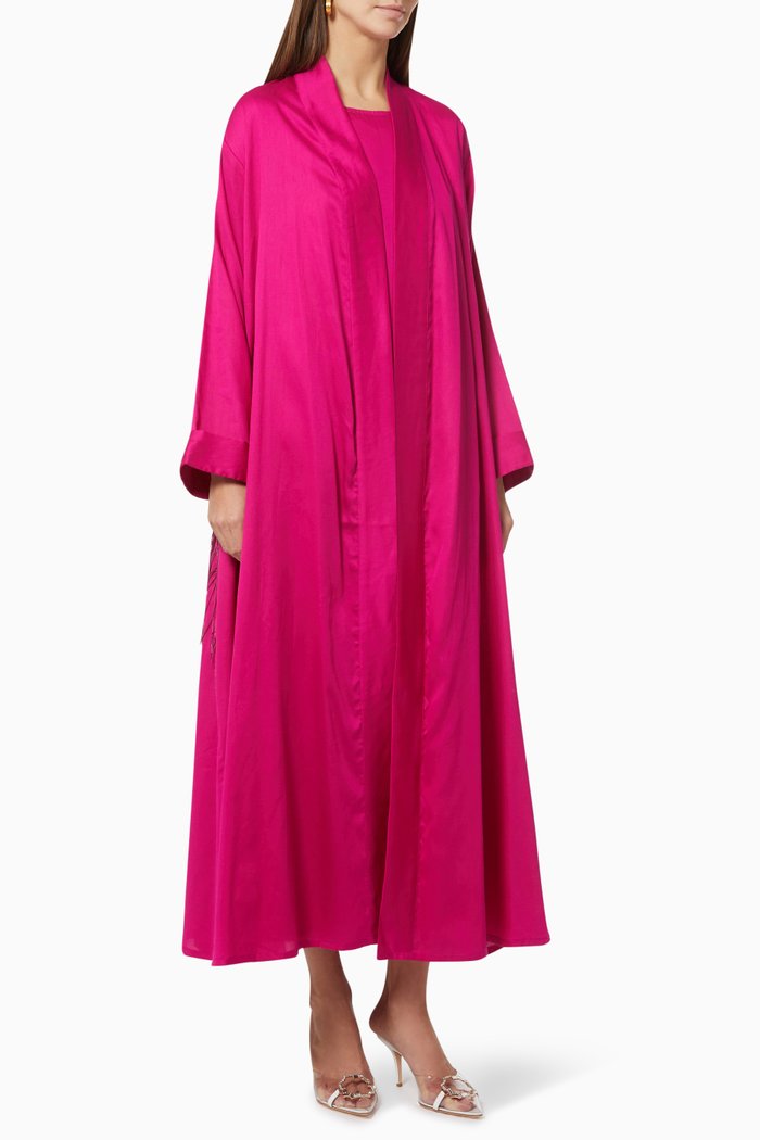 

Fringed Abaya & Dress Set in Cotton, Pink